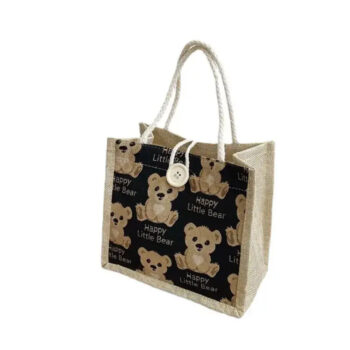 Cartoon Bear Linen Tote: Multipurpose Snack & Gift Bag – BLACK product image